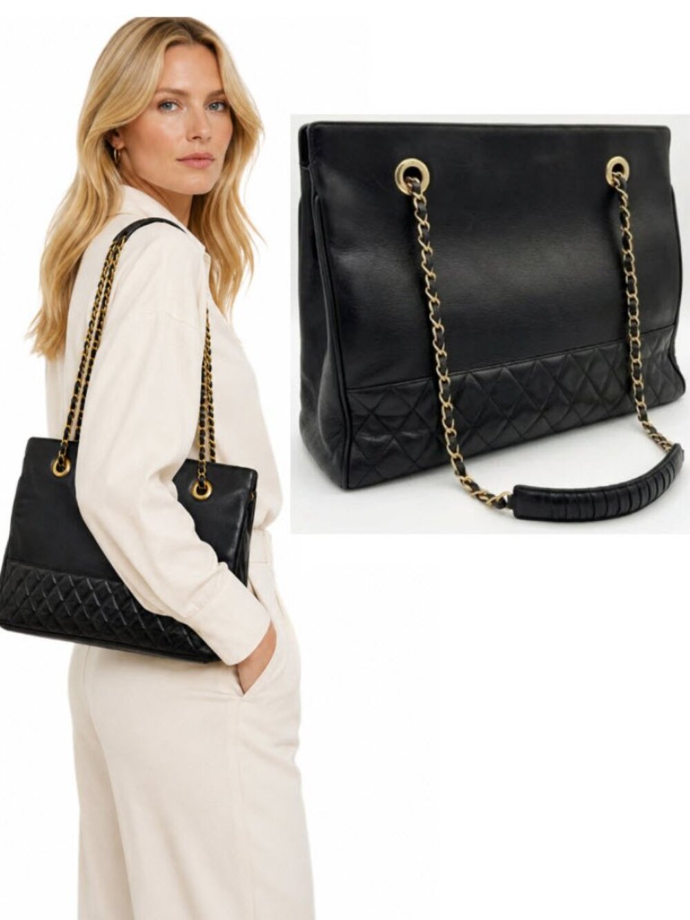 Holt Renfrew Black Quilted Leather Tote with Gold Accent